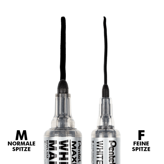 Das Bild zeigt zwei Board Marker Maxiflo von Pentel mit unterschiedlich breiten Linien. Einer schreibt breit, der andere schreibt schmal.