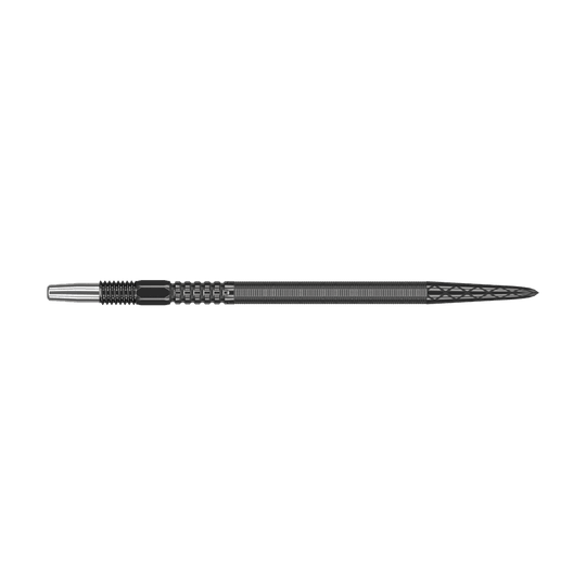 Das Bild zeigt eine schwarze Dartspitze mit strukturierter Oberfläche. Sie ist lang und schmal mit einem metallischen Ansatz am Ende.