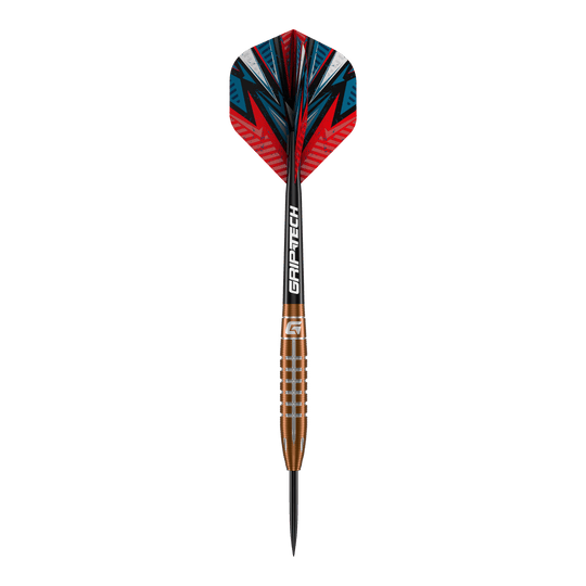 GOAT Quarterback V2 Tungsten Steel Darts - 24g Dies ist ein GOAT Quarterback V2 Tungsten Steeldart mit 24g Gewicht. Er hat eine farbenfrohe Flight-Grafik und einen geriffelten, bronzefarbenen Barrel.