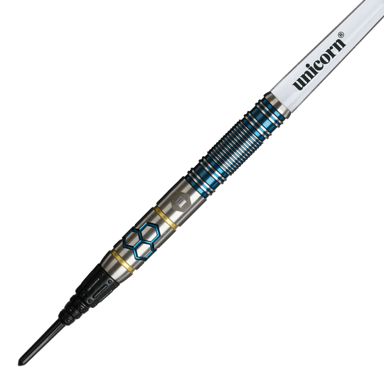 Unicorn Hexium Style 02 Blue & Gold Soft Darts - 21g Unicorn Hexium Style 02 Blue & Gold Softdarts - 21g ist auf diesem Bild zu sehen. Die Softdarts sind in den Farben Blau und Gold gestaltet.