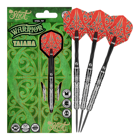 Shot Warrior Taiaha Turbo Point Steeldarts Mehrere Dartpfeile liegen nebeneinander. Die Dartpfeile sind dunkel und werden seitlich gezeigt.