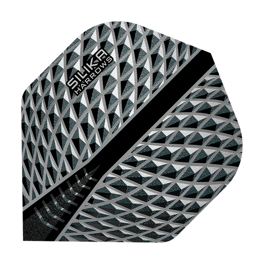 Das Bild zeigt das Produkt „Harrows Silika Smokey No2 Standard Flights“. Es hat ein geometrisches Muster in Schwarz, Silber und Grau mit dem Markennamen in der Ecke.