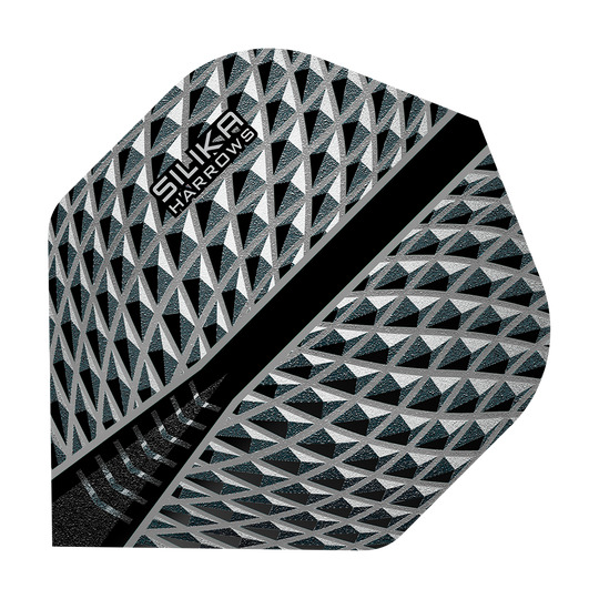HR85_Harrows_Silika_Smokey_No2_Standard_Flights_1 Das Bild zeigt das Produkt „Harrows Silika Smokey No2 Standard Flights“. Es hat ein geometrisches Muster in Schwarz, Silber und Grau mit dem Markennamen in der Ecke.