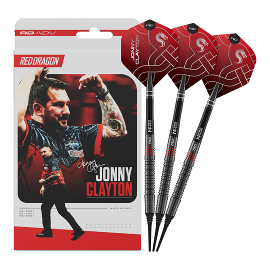 Das Foto zeigt die Red Dragon Jonny Clayton RD-ADV Softdarts - 18g. Die volle Länge des Darts ist abgebildet.