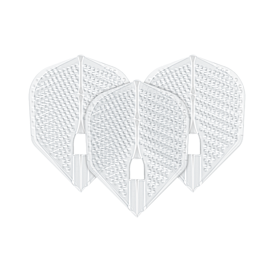L-Style Flights Dimple Champagne L3PRO Shape Das Bild zeigt drei transparente Darts-Flights in L3PRO Form mit Dimple-Oberfläche. Es handelt sich um das Produkt "L-Style Flights Dimple Champagne L3PRO Shape".