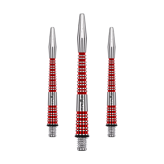 Das Bild zeigt drei Aluminium Dartschäfte in Silber und Rot. Sie haben ein geriffeltes Design und sind unterschiedlich lang angeordnet.