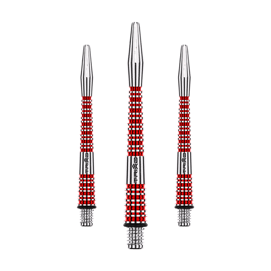Winmau Triad RX Aluminium Shafts - Rot Das Bild zeigt drei Aluminium Dartschäfte in Silber und Rot. Sie haben ein geriffeltes Design und sind unterschiedlich lang angeordnet.