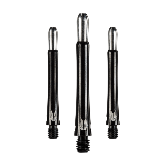 146220_Target_Grip_Style_Aluminium_Shafts_Schwarz_408mm_1 Das Bild zeigt drei schwarze Aluminium-Dartschäfte mit silbernen Details. Sie stehen aufrecht nebeneinander und haben ein modernes, schlankes Design.