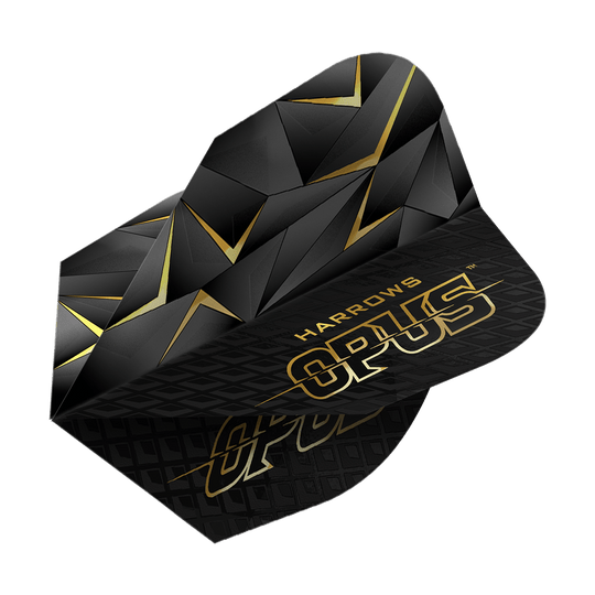 Das Bild zeigt die Harrows Opus Version 3 Flights. Sie sind schwarz mit einem goldenen geometrischen Muster und goldener Schrift gestaltet.
