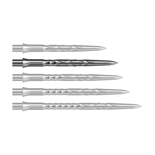 Caliburn System steel dart tips - HAN G2 - Silver Auf dem Bild sind drei silberne Steeldartspitzen nebeneinander zu sehen. Sie haben eine glatte, verdrehte Oberfläche und sind spitz zulaufend.