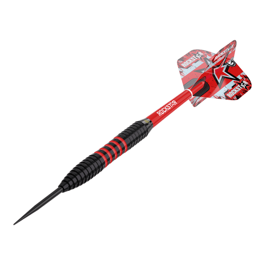 Winmau Joe Cullen Brass Steeldarts - 20g Das Bild zeigt einen Winmau Joe Cullen Brass Steeldart mit einem Gewicht von 20g. Der Dart ist schwarz und rot, mit einer auffälligen roten Flights und dem Schriftzug "ROCKSTAR".