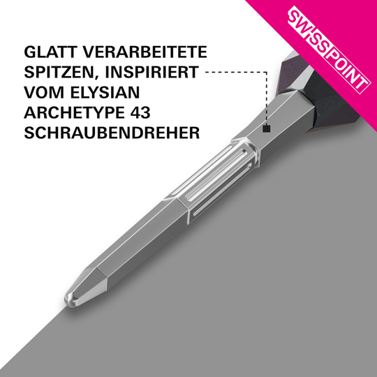 Target Elysian Archetype 43 Swiss Point Steeldartspitzen - Silber. Auf dem Bild sind silberne Dartspitzen für Steel-Darts zu sehen.