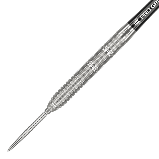 Das Bild zeigt einen Target Kevin Doets GEN1 Swiss Point Steeldart mit 23g Gewicht. Der Dart hat ein silbernes, geriffeltes Barrel und eine scharfe Spitze.