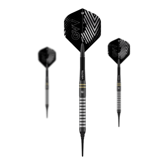 Das Foto zeigt ein Set der Winmau Gian Van Veen TS Softdarts 18g. Alle Darts liegen nebeneinander auf einer ebenen Fläche.