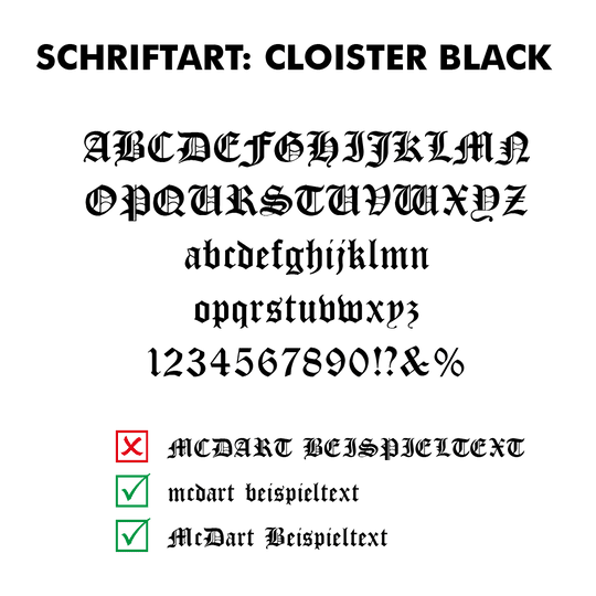 Flightdruck-Schriftart-Cloister-BlackzHqmL8VdNStUn Das Bild zeigt die Schriftart "Cloister Black" mit Beispielbuchstaben, Zahlen und Satzzeichen. Unten werden richtige und falsche Schreibweisen für Beispieltexte mit Häkchen und Kreuz markiert.