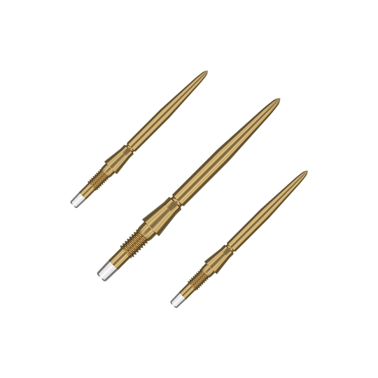 Das Bild zeigt drei goldene Dartspitzen, die nebeneinander angeordnet sind. Sie haben ein schlankes, spitzes Design mit einem silbernen Schraubgewinde am Ende.