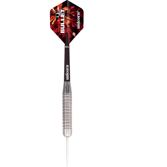 27520_Unicorn_Bullet_Gary_Anderson_Steeldarts_1O3xThy3ZF053O Das Bild zeigt einen Unicorn Bullet Gary Anderson Steeldart mit einem Gewicht von 22 Gramm. Der Dart hat eine metallische Spitze, einen geriffelten Griff und bunte Flights.