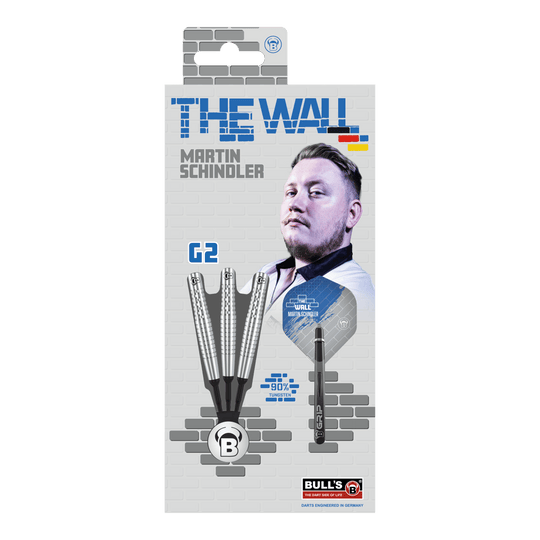 Bulls Martin Schindler Original Generation 2 soft darts Die Verpackung zeigt die "Bulls Martin Schindler Original Generation 2 Softdarts". Auf der Vorderseite ist ein Bild von Martin Schindler und die Darts selbst abgebildet.