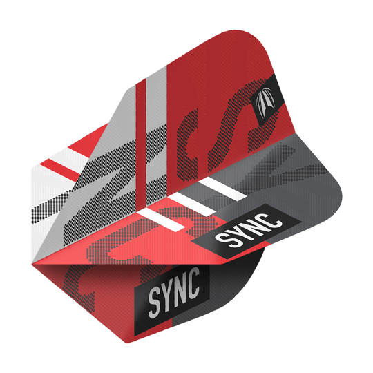 Das Bild zeigt das Produkt „Target ProUltra Sync No6 Flights“. Die Flights sind überwiegend rot, grau und schwarz gestaltet und tragen den Schriftzug „SYNC“.