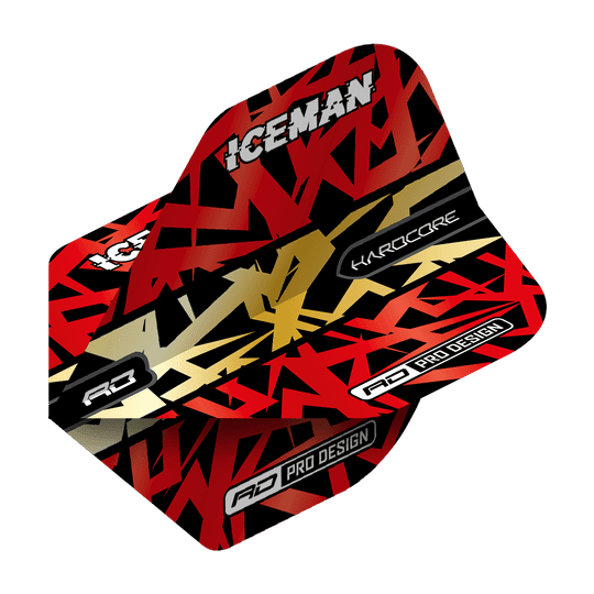Das Bild zeigt eine Dart-Flugfeder mit einem auffälligen roten, goldenen und schwarzen Design. Auf der Feder stehen die Wörter "ICEMAN", "HARDCORE" und "RD PRO DESIGN".