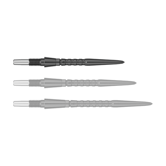 Target Swiss Point Storm Surge Steel Dart Tips - Black Auf dem Bild sind drei schwarze Steeldartspitzen in unterschiedlichen Ansichten zu sehen. Sie sind lang, schlank und haben ein geriffeltes Muster zur besseren Griffigkeit.