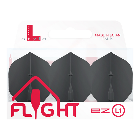 L-Style Champagne L1EZ Standard Flights Die Abbildung zeigt eine Packung mit L-Style Champagne L1EZ Standard Flights. In der Verpackung befinden sich drei schwarze Dartflights.
