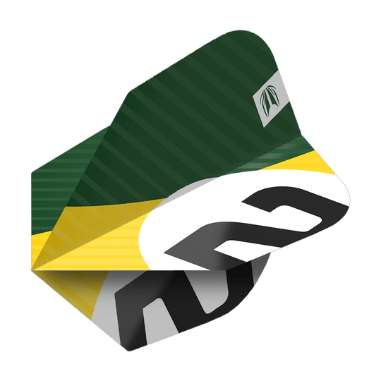 Das Bild zeigt ein Dartflight mit einem grünen, gelben und weißen Design sowie der Nummer 6. Es handelt sich um das Produkt "Target Pro Ultra Chicane Green No6 Flights - 3 Sets".