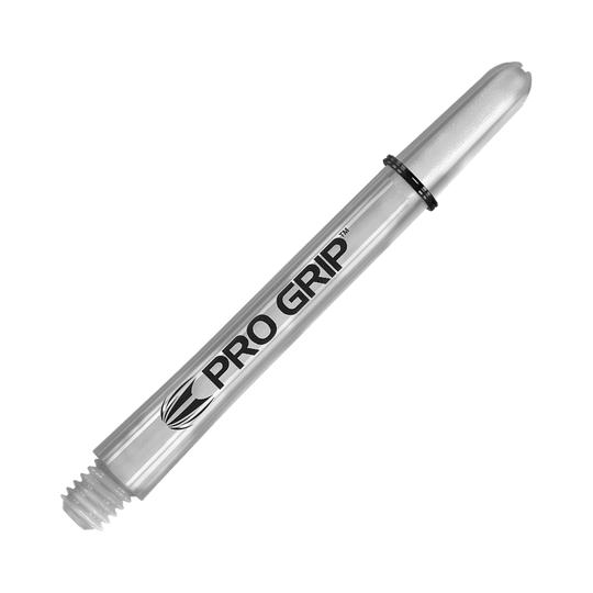 Das Bild zeigt einen transparenten "Pro Grip" Schafts für Darts. Der Schaft ist 48 mm lang und hat ein einfaches, klares Design.