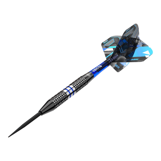 Winmau Galactics Steeldarts Das Bild zeigt einen Winmau Galactics Steeldart mit einem modernen Design. Der Dart hat blaue und silberne Akzente sowie ein auffälliges Flight-Muster.