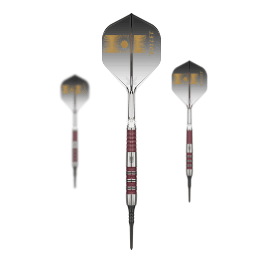Auf dem Bild sind drei Softdarts des Modells „Target Stephen Bunting 95K“ mit einem Gewicht von 19g zu sehen. Die Darts haben schwarze Flights mit goldener Aufschrift und silber-rote Griffe.