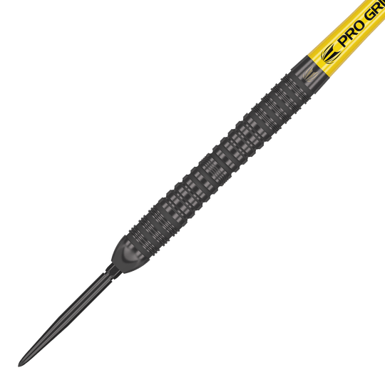 Target Bolide Void 04 Swiss Point steel darts Das Bild zeigt einen Target Bolide Void 04 Swiss Point Steeldart. Der Dart hat ein schwarzes, geriffeltes Barrel und einen gelben Schaft mit der Aufschrift "PRO GRIP".