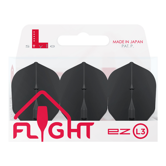 L-L-Style3EZ Flights Auf dem Bild ist eine Packung mit drei schwarzen Dartflights der Marke L-Style zu sehen. Die Verpackung trägt die Aufschrift „MADE IN JAPAN“ und „FLIGHT ez L3“.
