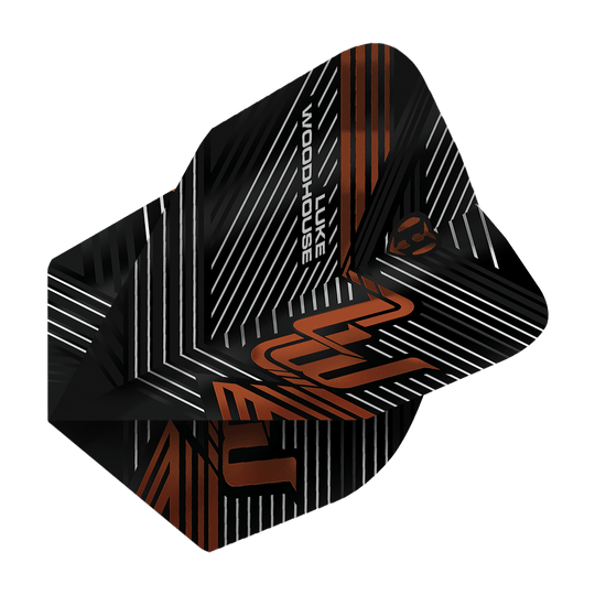 Harrow's Luke Woodhouse Series 2 Flights Das Bild zeigt die Harrows Luke Woodhouse Series 2 Flights. Die Flights sind schwarz mit weißen und orangefarbenen Linien sowie dem Namen "Luke Woodhouse" darauf.