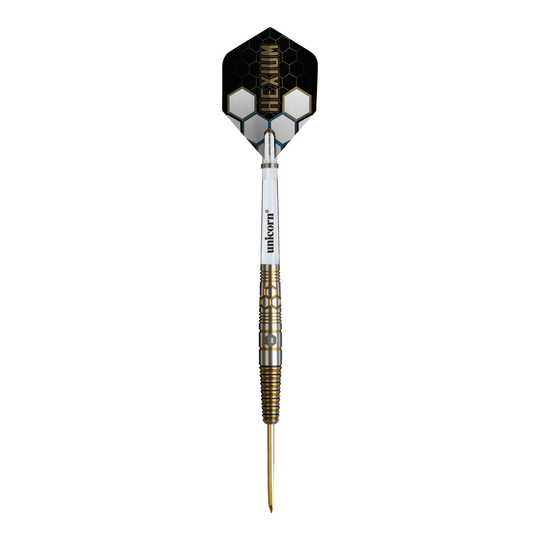 Unicorn Hexium Style 03 Gold & Black Steeldarts Unicorn Hexium Style 03 Gold & Black Steeldarts werden in dieser Abbildung dargestellt. Die besondere Gold-Schwarz-Optik hebt die Darts hervor.