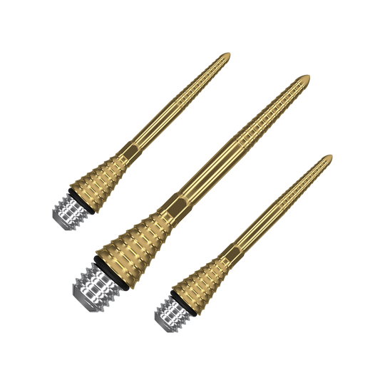 380179_Target_Titanium_Swiss_Point_Grooved_Conversion_Points_Gold_30mm_1 Das Bild zeigt drei goldfarbene, geriffelte Spitzen mit silbernem Schraubgewinde. Sie sind Titan-Umrüstspitzen für Dartpfeile.