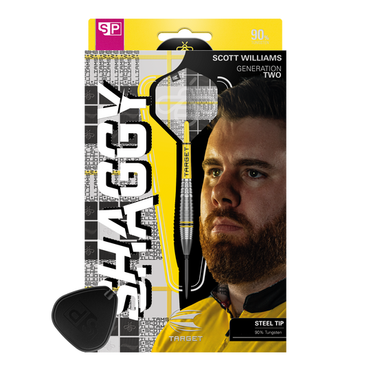 Das Bild zeigt die Verpackung der Target Scott Williams GEN2 Swiss Point Steeldarts. Auf der Verpackung ist ein Porträt von Scott Williams und ein einzelner Dart mit Stahlspitze abgebildet.