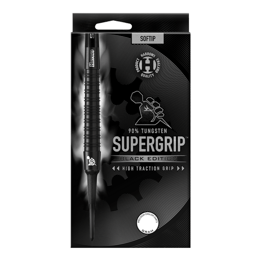 Harrows Supergrip Black Edition soft darts Das Bild zeigt die Verpackung der "Harrows Supergrip Black-Edition Softdarts". Die Darts bestehen zu 90 % aus Tungsten und haben eine hohe Griffigkeit.