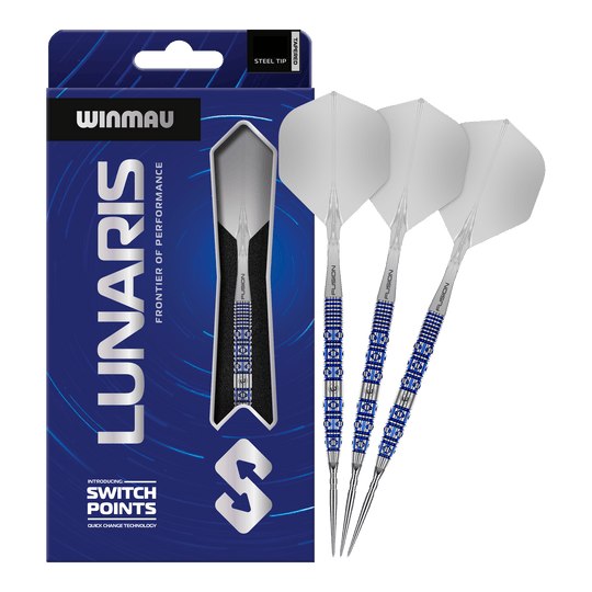 Hier ist das Produkt Winmau Lunaris Tapered Switch Point Steeldarts zu sehen. Diese Steeldarts bieten eine hochwertige Verarbeitung und ein elegantes Aussehen.