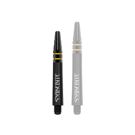 C722_Red_Dragon_Nitrotech_Peter_Wright_Black_Gold_Shafts_36mm_1phoCzEEoHztjW Auf dem Bild sind zwei schwarze Dart-Schäfte mit goldenen Ringen zu sehen. Auf den Schäften steht das Wort "Snakebite" in weißer Schrift.