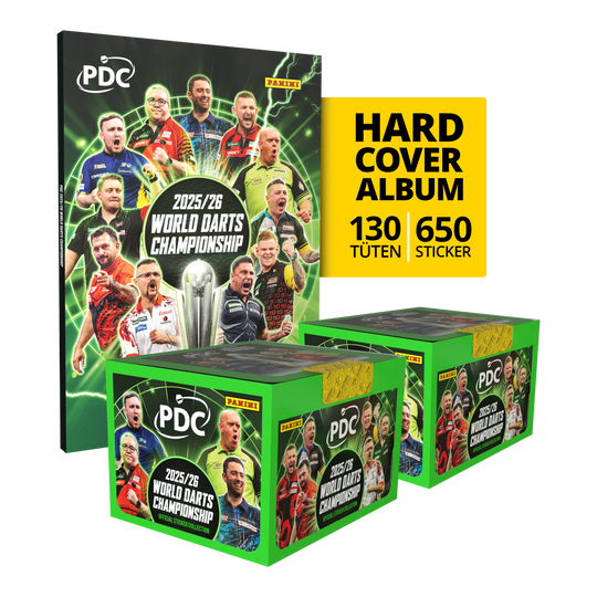 Abgebildet ist das Panini PDC World Darts Championship 2025/26 Hardcover Mega Bundle mit zwei Stickerboxen. Das Produkt eignet sich für Dart-Fans zum Sammeln und Tauschen.