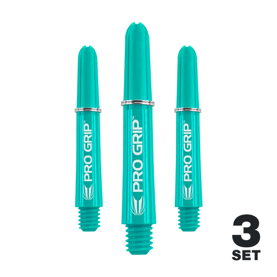Target Pro Grip Shafts - 3 Sets - Aqua Auf dem Bild sind drei aqua-blaue Pro Grip Shafts für Darts zu sehen. In der rechten unteren Ecke steht "3 SET".