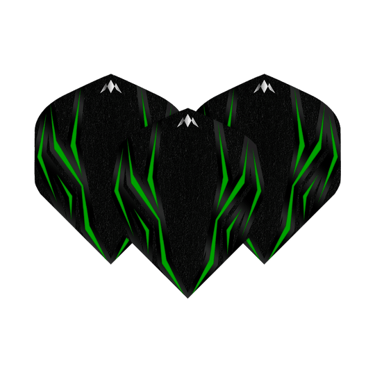 Mission Lava Green No2 Standard Flights Das Bild zeigt die Mission Lava Green No2 Standard Flights. Die Flights sind schwarz mit grünen, leuchtenden Linien und einem kleinen weißen Logo oben.
