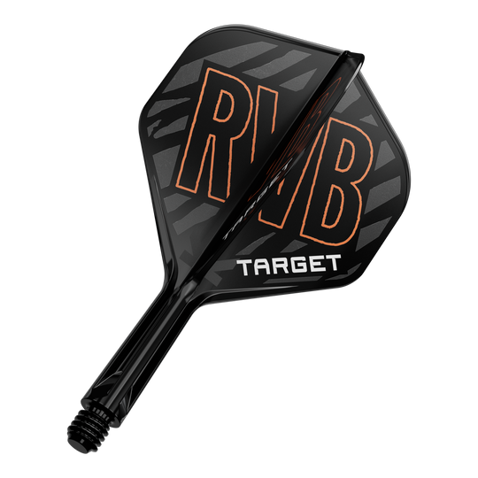 Target K-Flex Raymond Van Barneveld No2 Standard Flight Shaft System Das Bild zeigt einen schwarzen Dartflight mit der Aufschrift "RVB" in orange. Darunter steht das Wort "TARGET" in weißen Buchstaben.