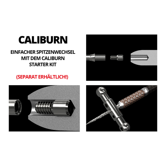 Caliburn System Steeldart Tips - Ripple - NoLip - Black Das Bild zeigt verschiedene Detailansichten eines Steeldartspitzen-Systems mit mechanischen Verbindungs- und Montageschritten. Im Text wird darauf hingewiesen, dass das System separat erhältlich ist.