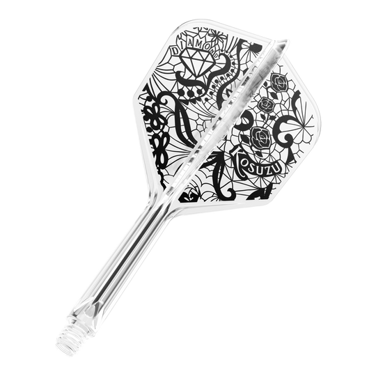 Dies ist ein transparenter Dartpfeil mit schwarzem, detailreichem Design auf der Flight-Fläche. Auf dem Flight sind unter anderem ein Diamant, Rosen und Schriftzüge zu sehen.