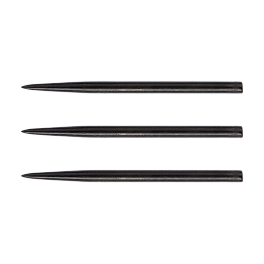Das Bild zeigt drei Winmau Extra Long Black Effect Steeldart Spitzen mit einer Länge von 41mm. Die Spitzen sind schwarz und liegen nebeneinander.