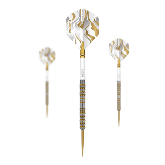 Red Dragon Paradym Gold Parallel Steeldarts Zu sehen ist ein Set der Red Dragon Paradym Gold Parallel Steeldarts. Das Set besteht aus mehreren Steeldarts mit einer goldfarbenen Optik.