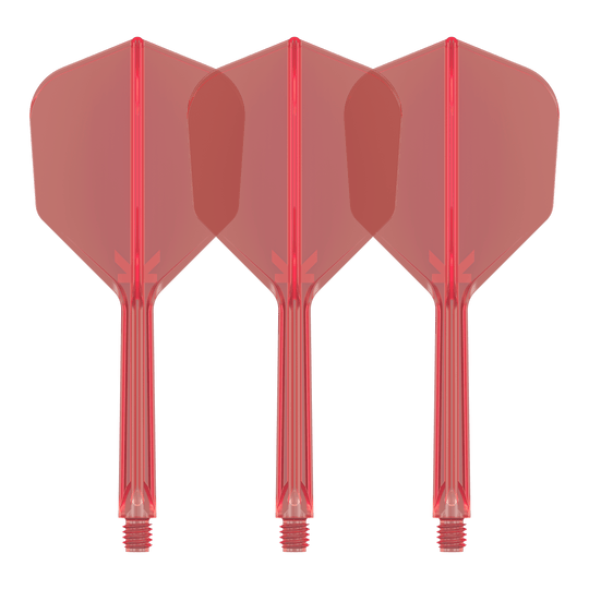 Target K-Flex No6 Flight System - Red Auf dem Bild sind drei rote Dart-Flights mit integrierten Schäften zu sehen. Sie stehen nebeneinander und sind identisch gestaltet.