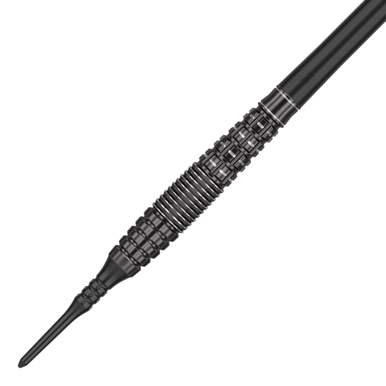 Target Japan Black Marque Phantom Soft Darts - 18g Dies ist ein schwarzer Softdart namens "Target Japan Black Marque Phantom Softdarts - 18g". Der Dart hat ein auffälliges, geometrisch gemustertes Barrel-Design.