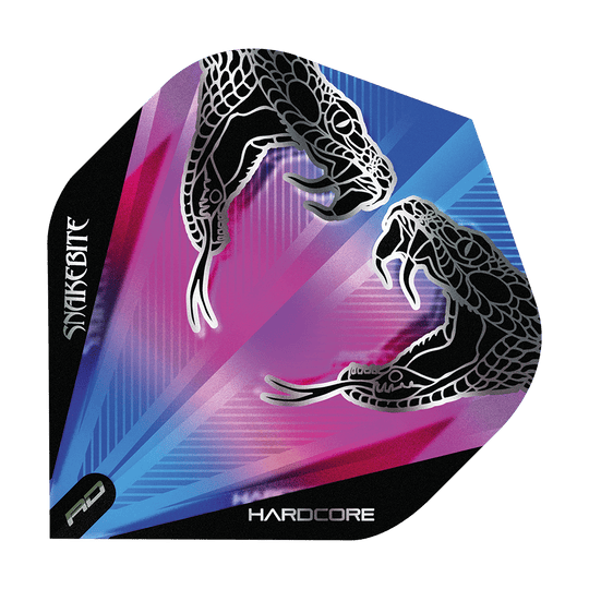 Das Bild zeigt ein Dart-Flight mit dem Namen "Peter Wright Snakebite Hardcore Snake Black Transparent Flights". Auf dem Flight sind zwei schwarze Schlangen und ein farbenfroher Hintergrund in Blau, Lila und Pink zu sehen.